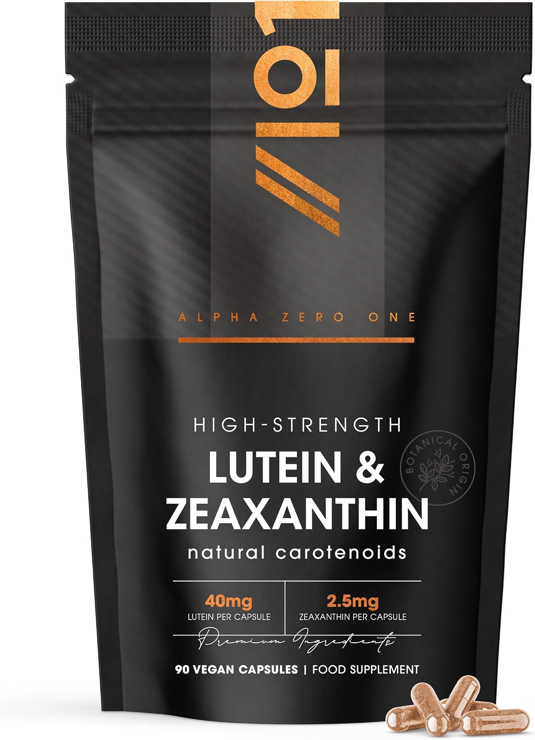 Lutein & Zeaxanthin with BioPerine® – 40mg Lutein 2.5mg Zeaxanthin – 90 Vegan Capsules – Natural Carotenoids from Marigold Extract – Resealable and Recyclable Pouch by Alpha01