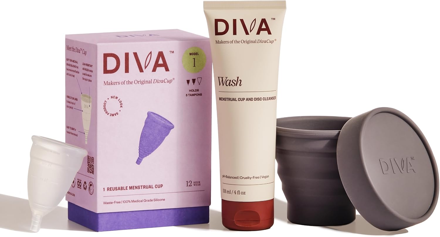 DIVA Cup, Wash & Shaker Combo Pack - Medical Grade Silicone - for Period Care - with Wash - Shaker for On-The-Go Cleansing - Cup Model 1 (for Medium to Heavy Flow)
