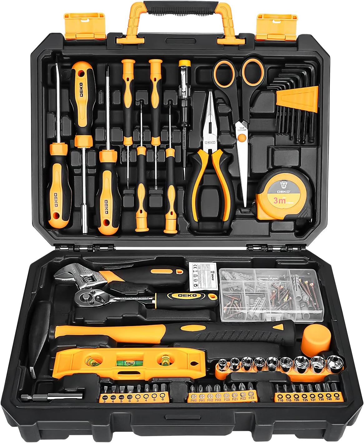 DEKOPRO 138 Piece Home Tool Kit, Universal Repair Tool Set with Plastic Tool Box Storage Case