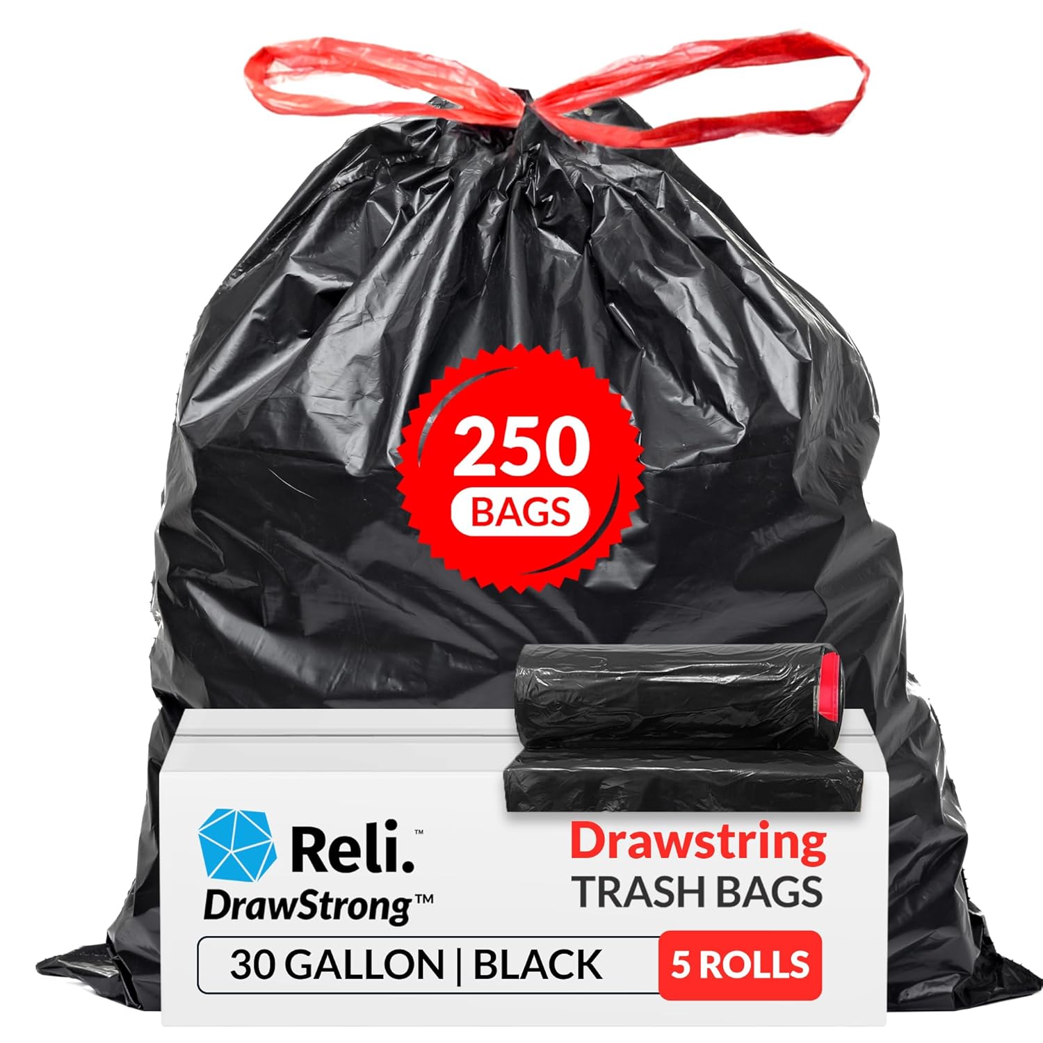 Reli. 30 Gallon Trash Bags Drawstring | 250 Count Bulk | Black | 30 Gallon Garbage Bags Heavy Duty | Large