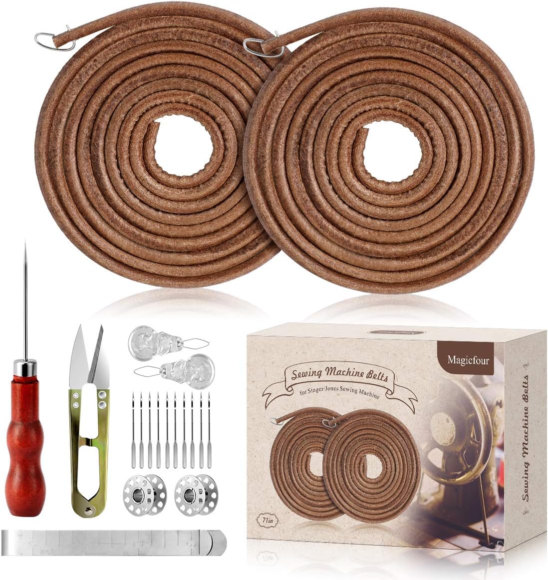 Magicfour Treadle Sewing Machine Belt for Singer/Jones, 2 Pack 71" 3/16" Leather Belt with Hook for Treadle Sewing Machine, Accessories Included