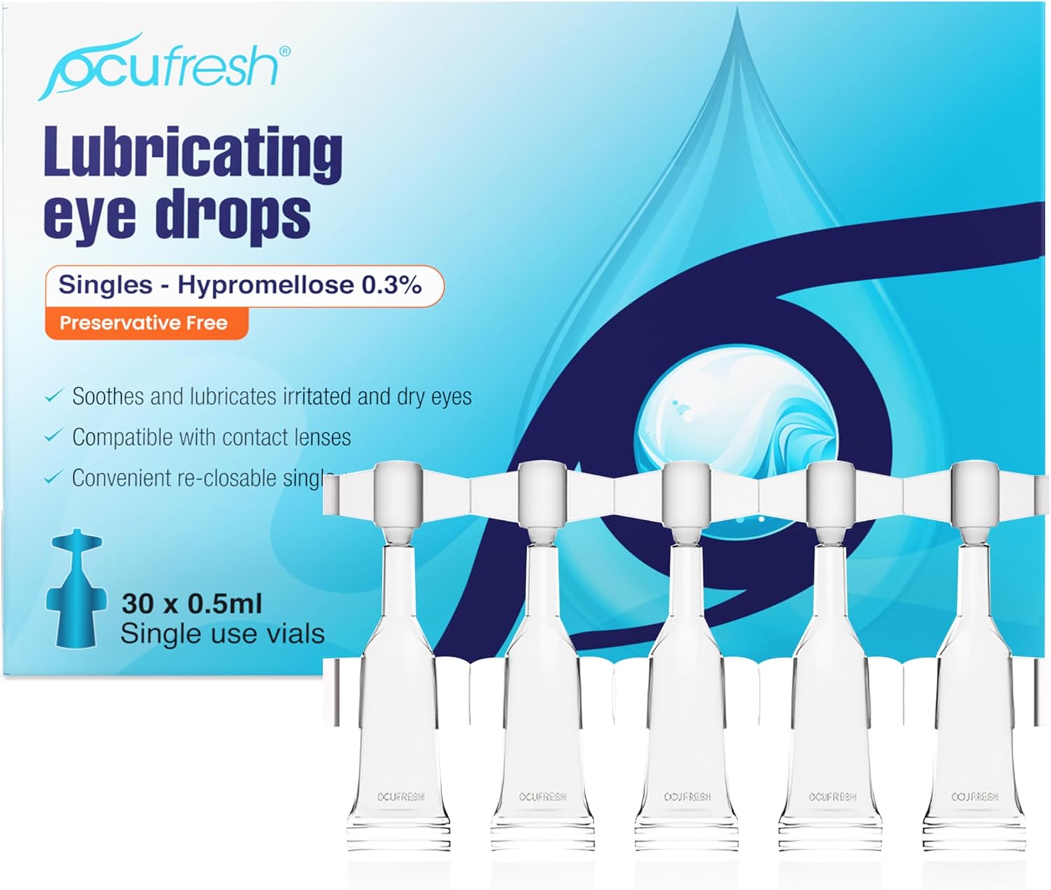Ocufresh Hypromellose Eye Drops Preservative Free - Treat Itchy Eyes, Refresh, Dry Eyes, Relieve Tired and Sensitivity to Light, 0.5ML Single Dose [Pack of 30]
