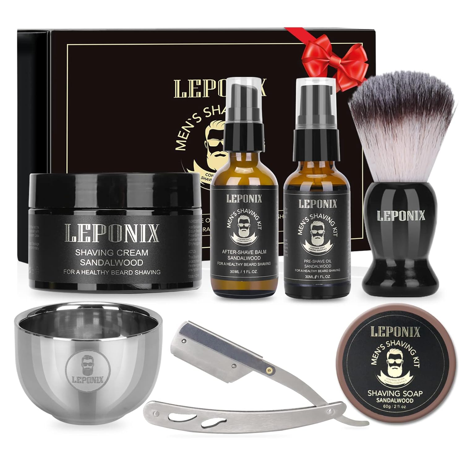 Men's Shaving Kit with Straight Edge Razor, Sandalwood Shaving Soap & Cream, After Shave Balm, Pre-Shave Oil, Brush & Bowl – Complete Wet Shaving Set for Men, Gift Box & Stocking Stuffers (Sandalwood)
