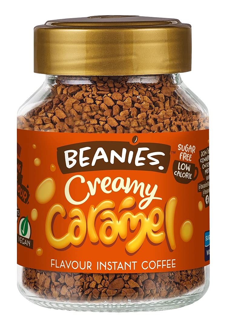 Beanies Flavour Instant Coffee - Creamy Caramel Instant Flavored Coffee - Bold & Adventurous Full-On Flavor - An Indulgent Sugar Free Taste Explosion - Low Calorie - Vegan & Gluten Free - Wheat & Dairy Free, 50g jar