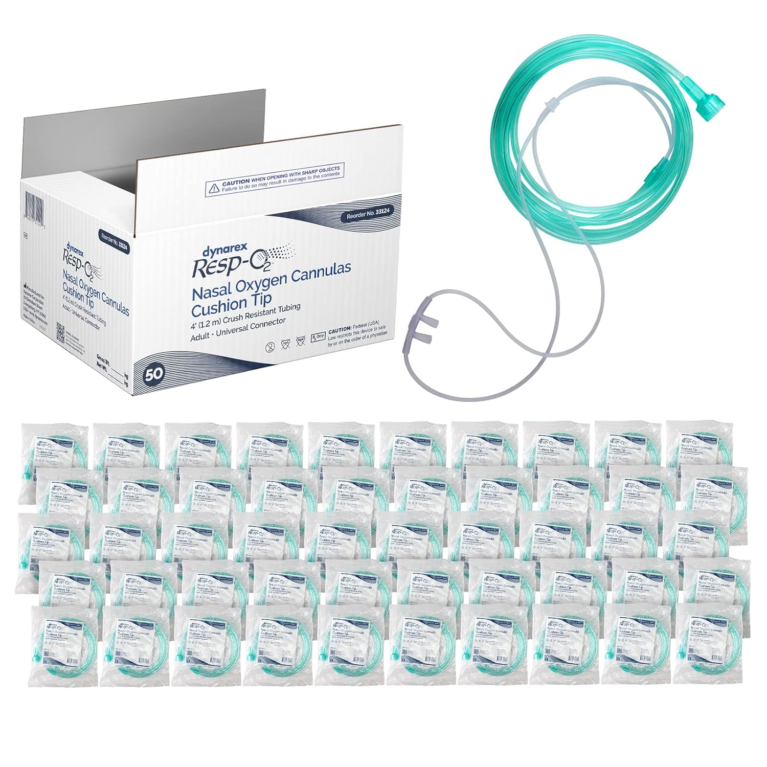 Dynarex Nasal Cannulas for Oxygen Therapy - 4' Crush Resistant Oxygen Supply Tubing for Adults - Soft Cushion Tip Universal Connector - 50 Per Case