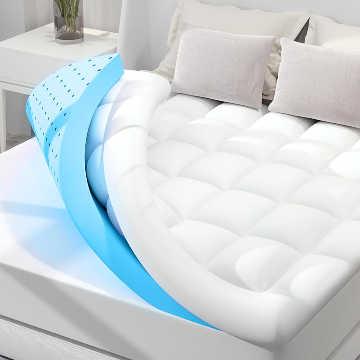 SINWEEK Dual Layer 4 Inch Memory Foam Mattress Topper Queen Size, 2 Inch Cooling Gel Memory Foam Plus 2 Inch Extra Thick Pillowtop Cover, Pressure Relieve Soft Mattress Pad,Blue