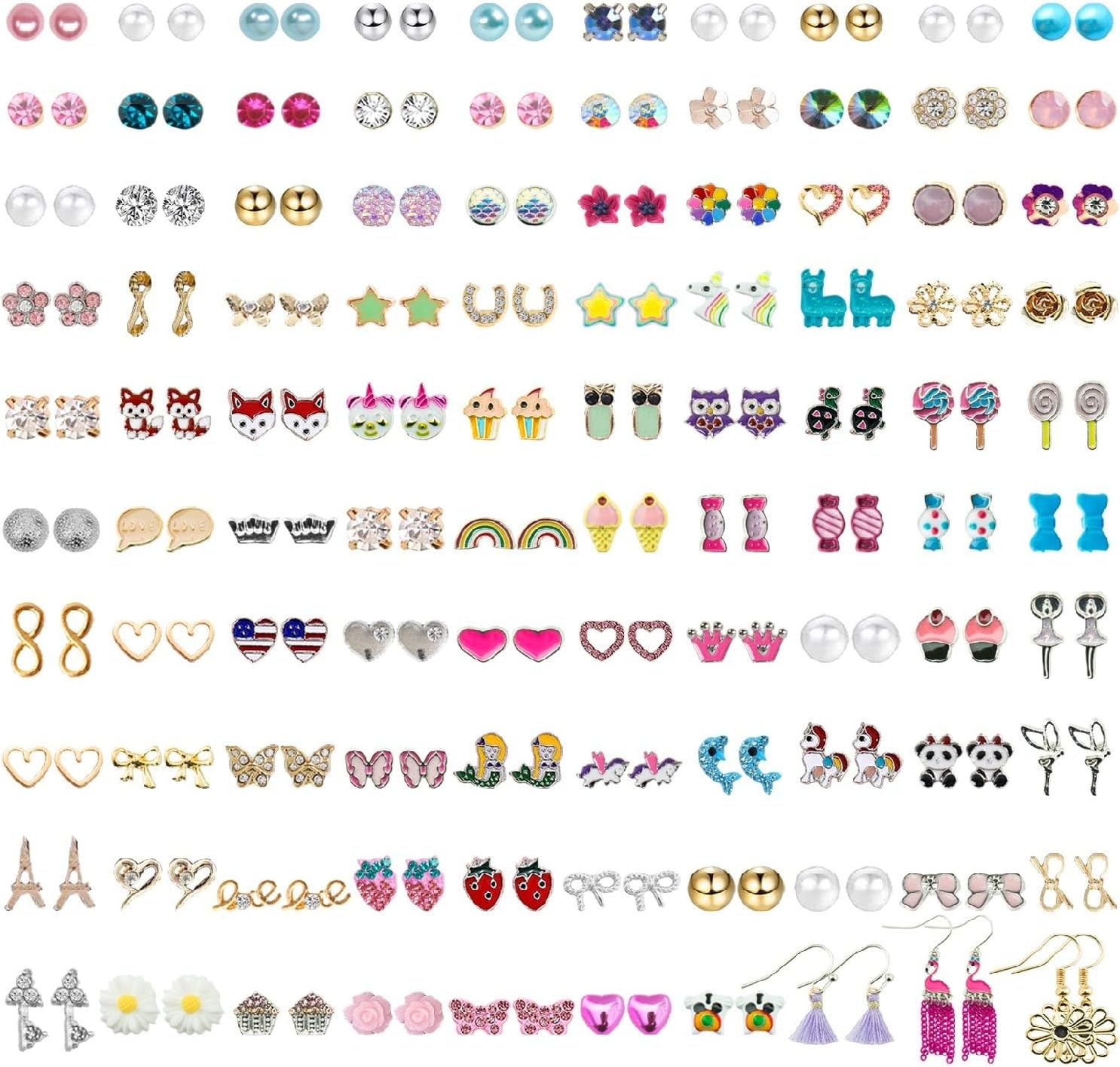 NEWITIN 100 Pairs Colorful Cute Earrings for Girls Sensitive Ears Hypoallergenic Girl Stud Earrings Set Stainless Steel Cartoon Stud for Girls and Women