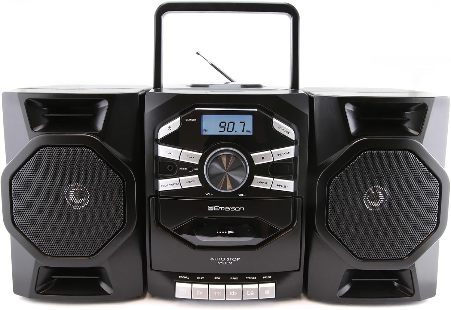 Emerson Portable CD Player Boombox with Cassette Player, Tape Recorder, AM/FM Radio, MP3 AUX Input, Detachable Speakers, AC/DC & Battery Operated – Stereo System for Home, Travel, Indoor & Outdoor Use