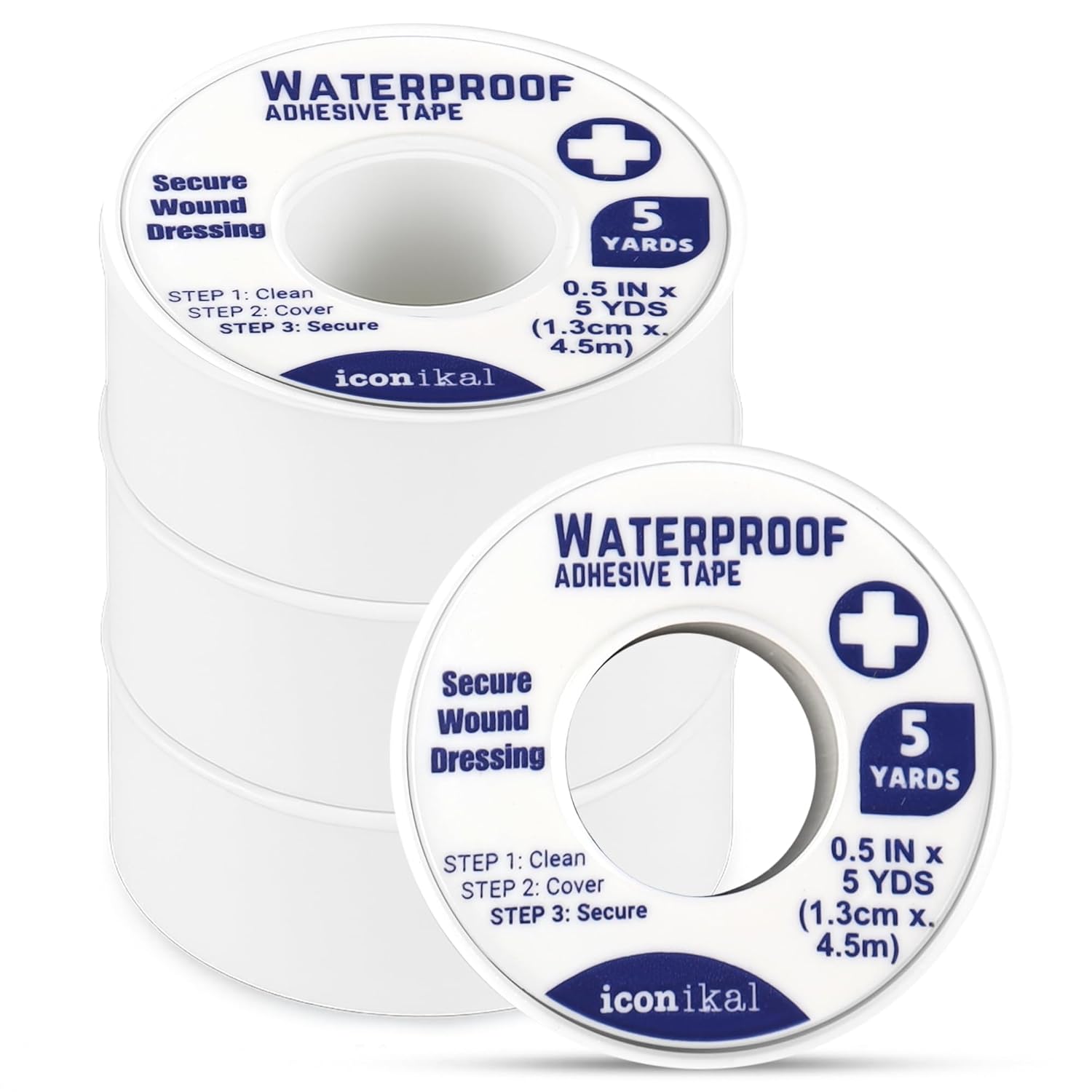 Iconikal 4-Pack First Aid Waterproof Adhesive Tape, 0.5 Inch x 5 Yards, White for Wound Care Gauze Wrap
