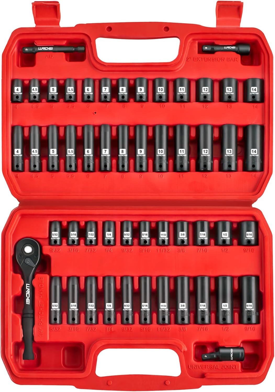 LLNDEI 1/4”Drive Impact Socket Set, 52 PCS Mechanic Tool Set with 72-Tooth Ratchet & Adapter, CR-V, Metric and SAE Sockets Storage Kit for Household Automotive Repair DIY Project