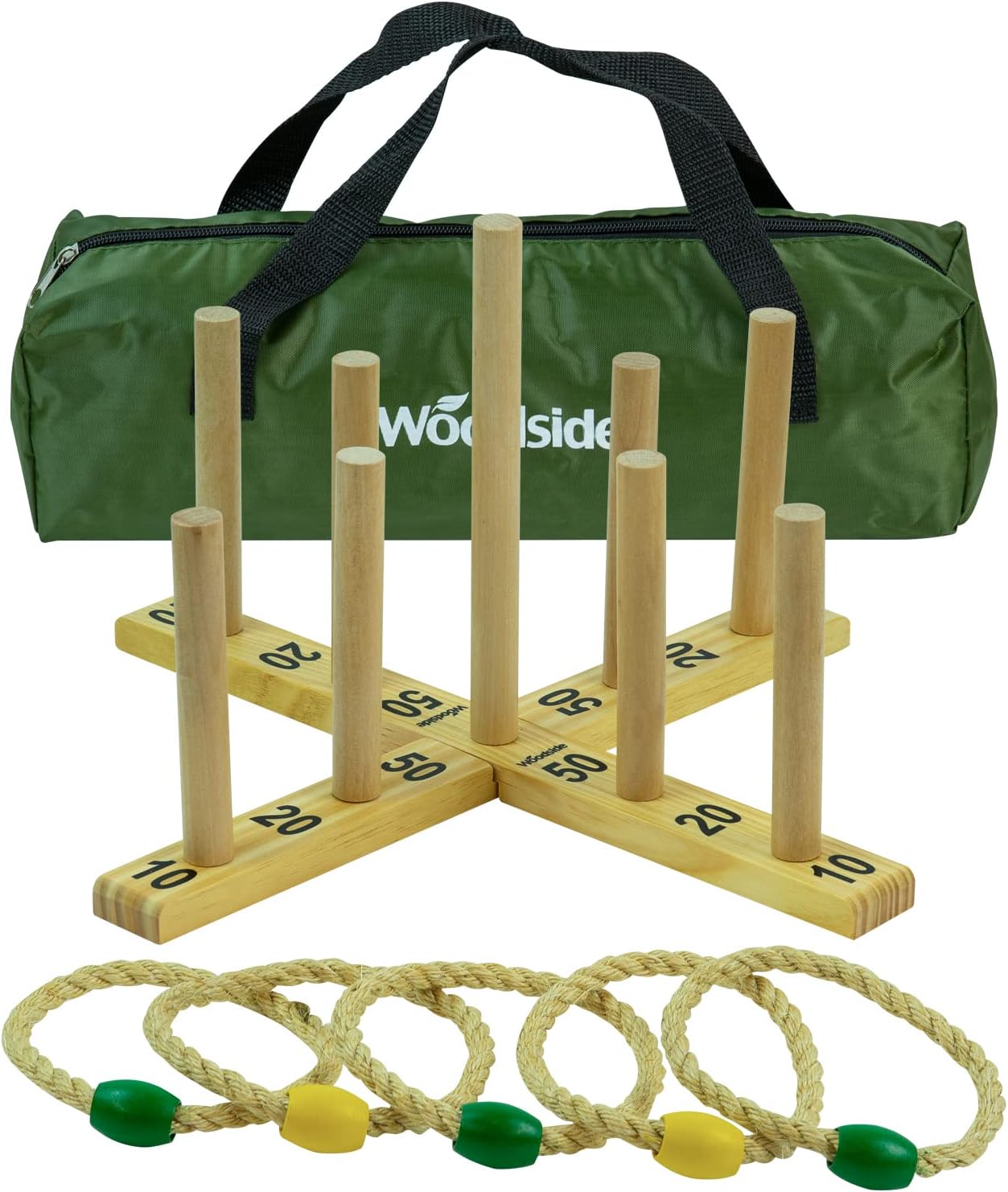 Woodside Garden Quoits Ring Toss Game, Outdoor Family Lawn Fun, 5 Rope 9 Pin