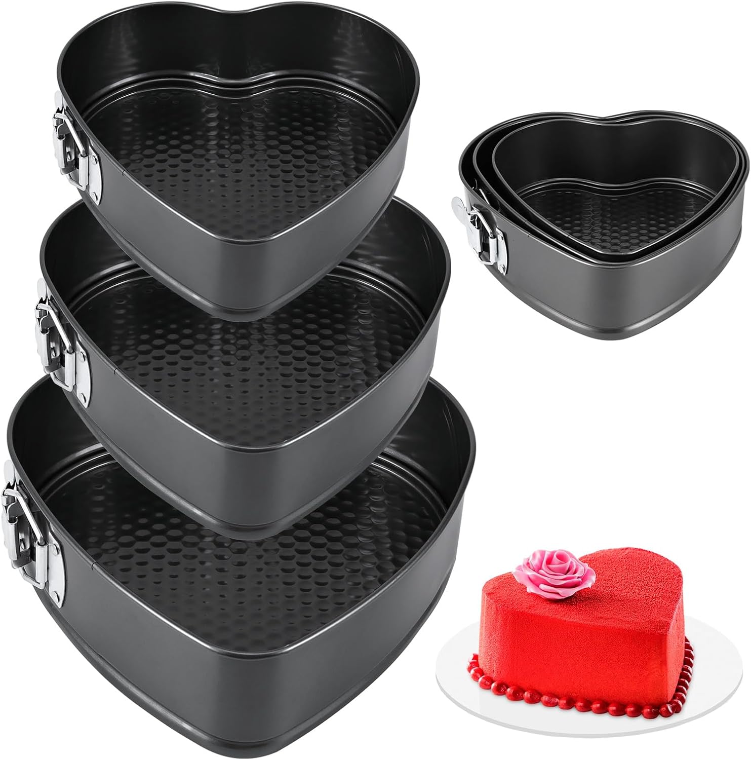 Cake Tin Set, Non-Stick Springform Baking Trays 3 PCS Heart Shaped Cake Tins Non-Stick Heart Cake Baking Pan, Carbon Steel Cake Mould for Cake Bread, Cheesecake, Mousse Cake