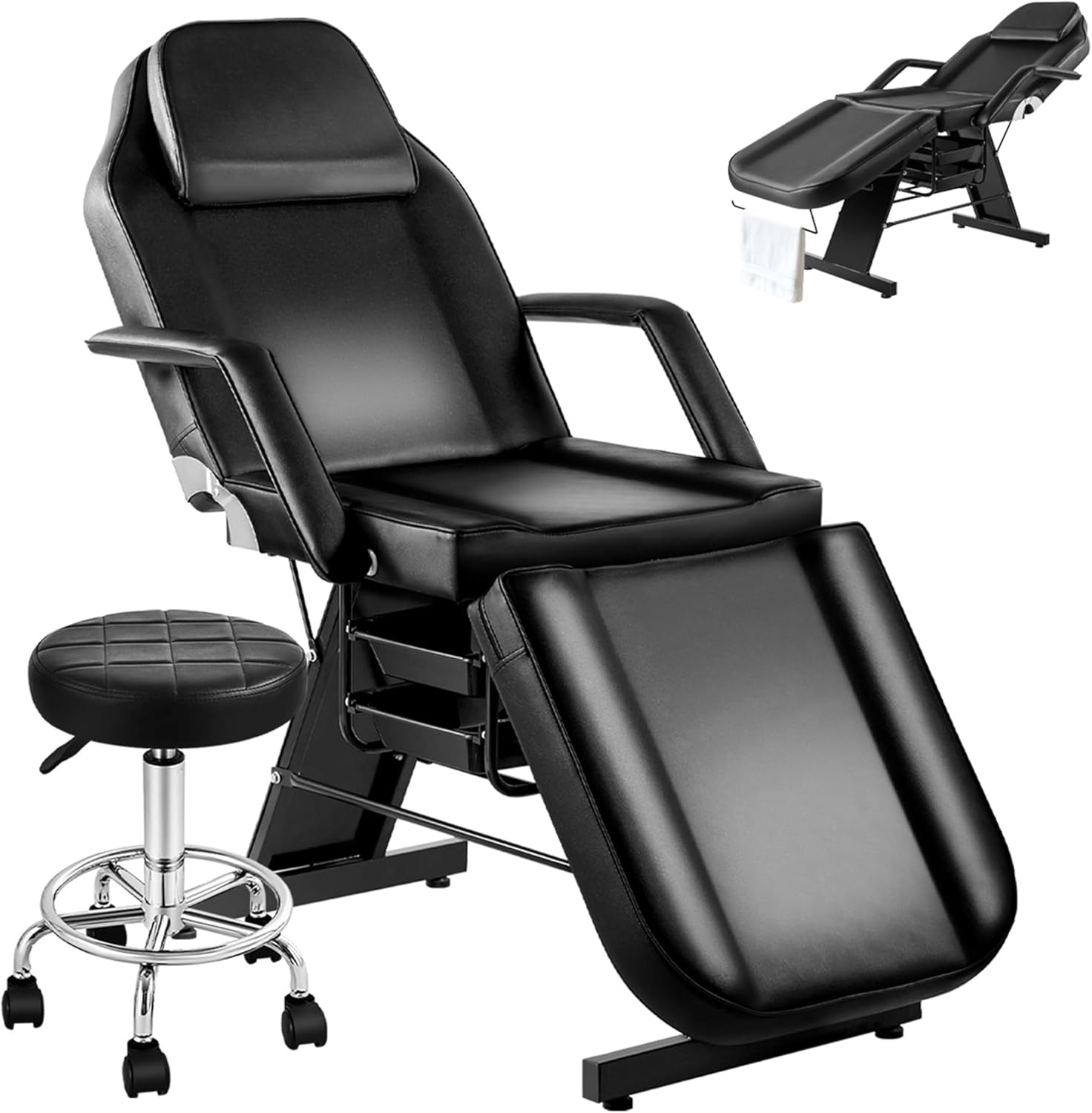 Tattoo Chair for Client, Adjustable Tattoo Facial Lash Bed for Artist with Rolling Stool & Removable Armrest, Multipurpose Esthetician Table Beauty Spa Massage Equipment, 2-Tray