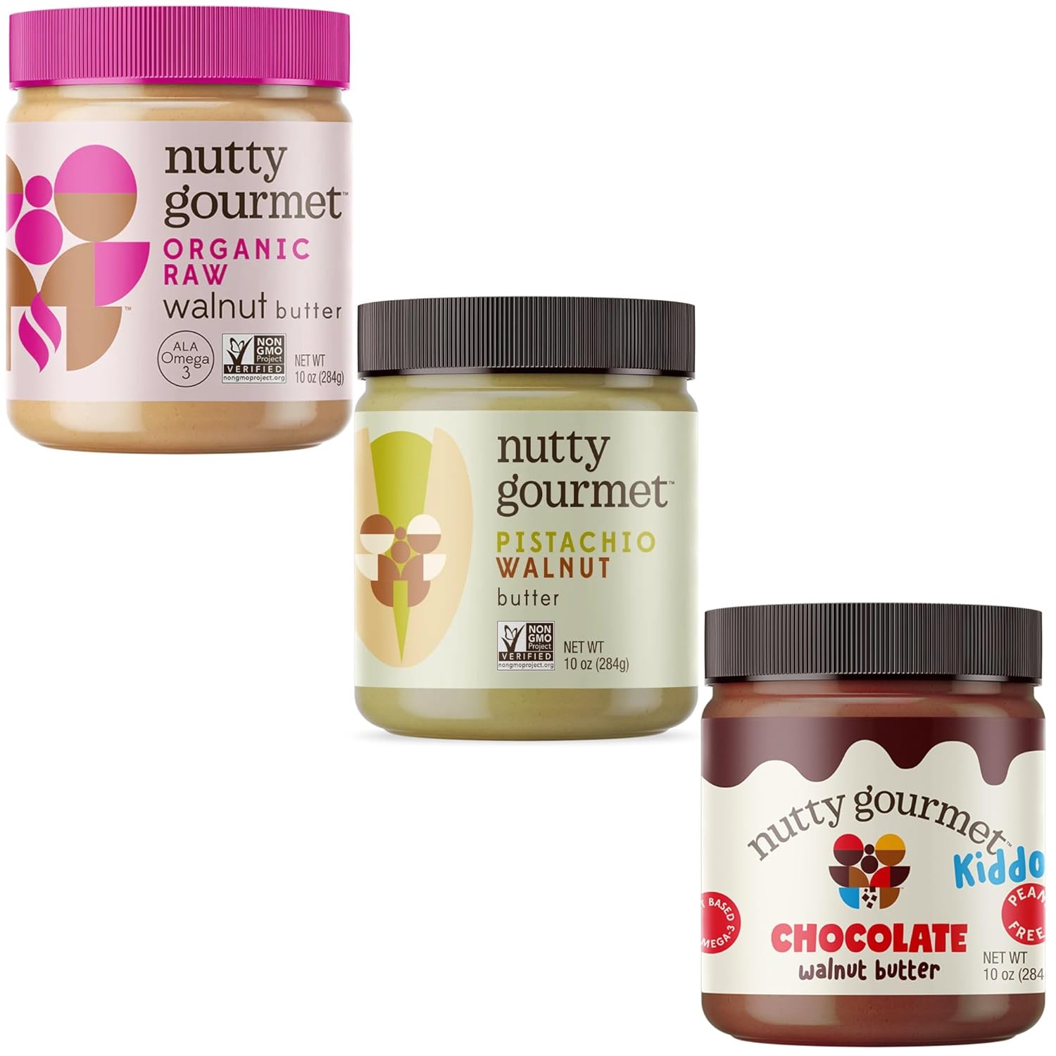 Nutty Gourmet Walnut Butter Variety Pack - Pistachio Nut Butter, Organic Raw & Chocolate Spread, All Natural, Non-GMO, Vegan, Peanut Free, Gluten Free, Keto Snack (10oz, 3 Pack)