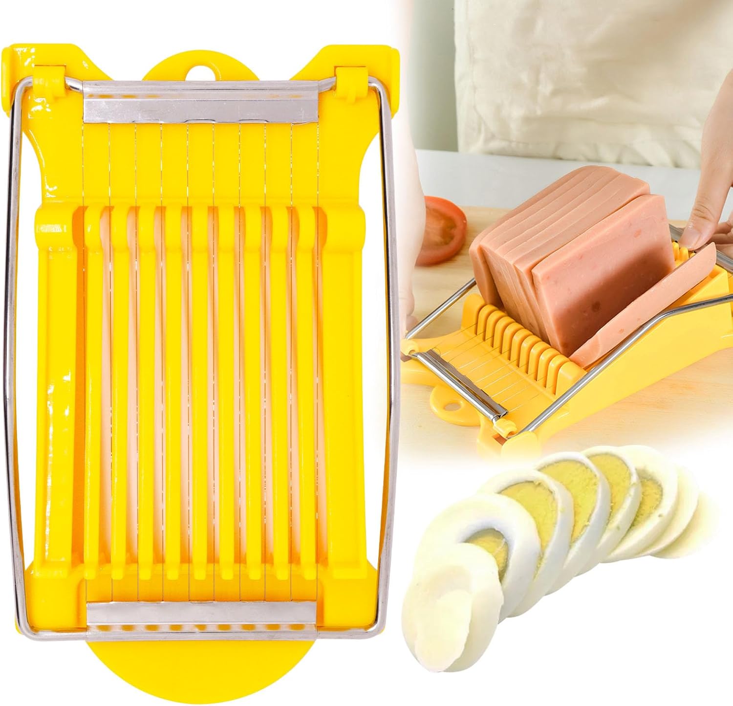 Egg Slicer for Hard Boiled Eggs, Food Slicer with 10 Stainless Steel Wires, Heavy Duty Hard Boiled Egg Cutter, Spam Slicer for Soft Fruit Strawberry Luncheon Meat Home Use (1Pcs, Yellow)
