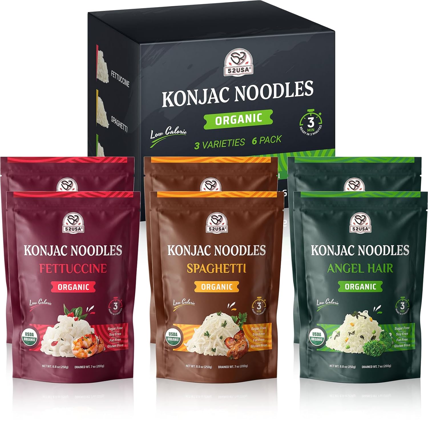 52USA Organic Konjac Shirataki Noodle, Low Carb Pasta 52.8 Oz (1500 g), Angel Hair, Fettuccine, USDA Organic Healthy Spaghetti Noodles (3 Variety - 6 Pack Inside), Keto and Paleo Friendly, Low Calorie, Sugar Free, Vegan, Ready to Eat