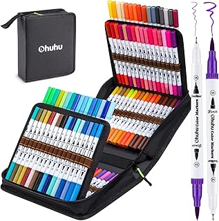 Ohuhu Markers for Adult Coloring Books: 100 Colors Coloring Markers Dual Tips Fine & Brush Drawing Pens Water-Based Art Markers for Kids Adults Sketch Bullet Journal with Carrying Case - Maui - White