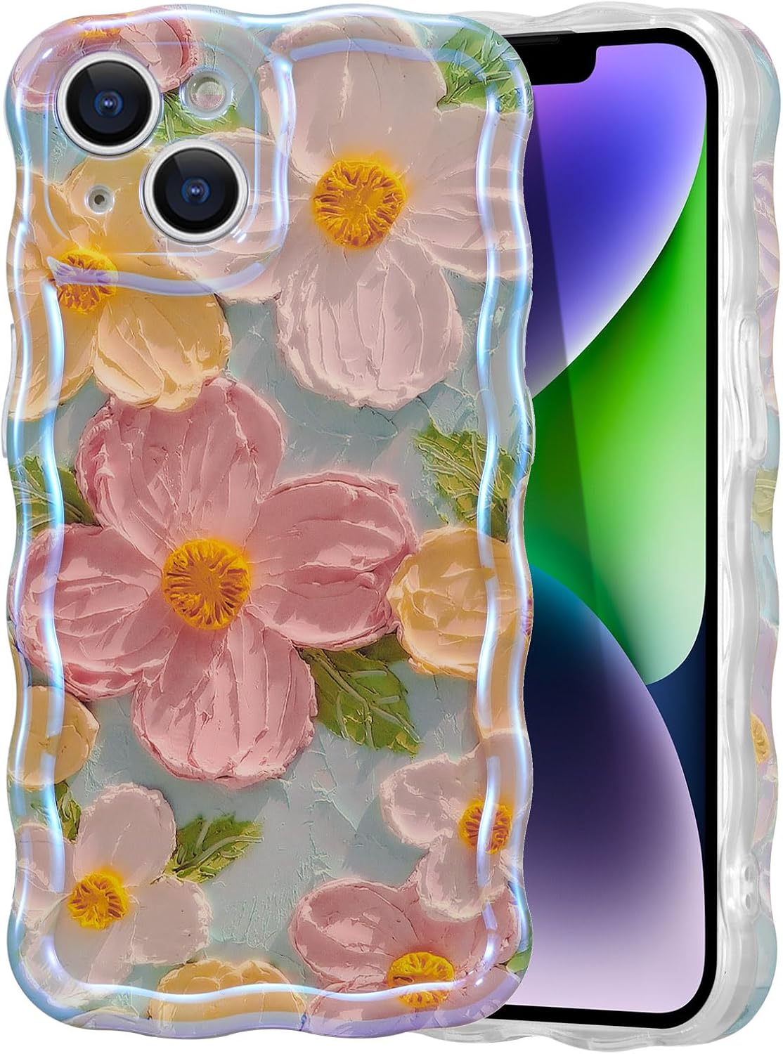 EYZUTAK Case for iPhone 15, Colorful Retro Oil Painting Printed Flower Laser Beam Glossy Pattern Cute Curly Waves Border Exquisite Phone Cover Stylish Durable TPU Protective Case for Girls Women-Green
