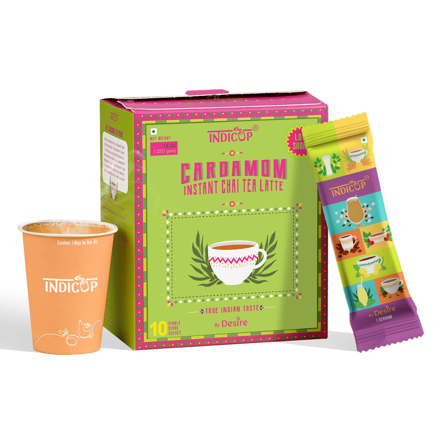 INDICUP Instant Chai Cardamom Tea Latte Diet | True Indian Taste | Just Add Hot Water | 10 Single Serve Sachets | 180g (6.35 Ounce)
