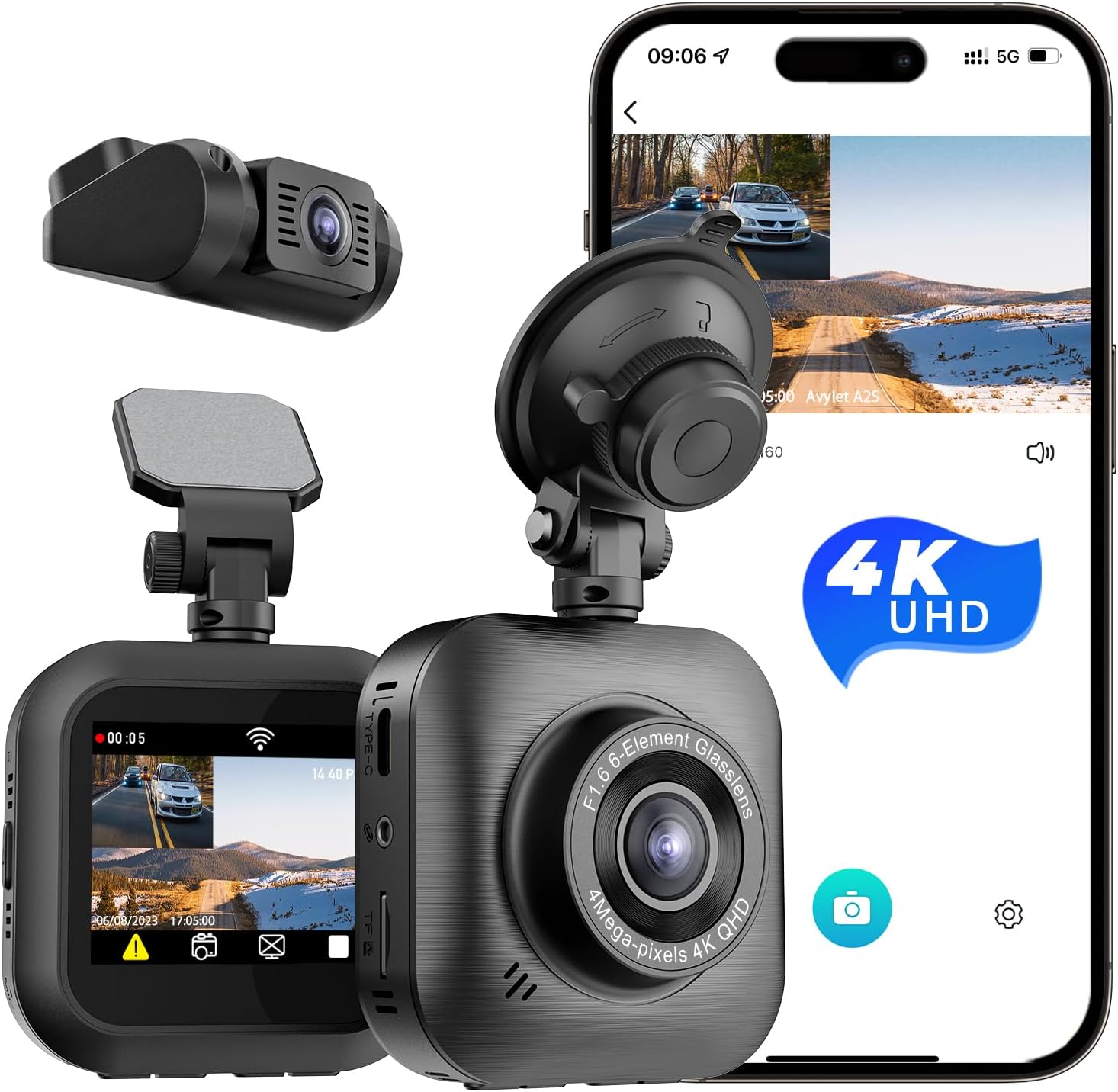 Dash Cam Front and Rear, 4K/1080P Wi-Fi Dash Camera for Cars, Dual Dashboard Camera with APP, IPS Screen, Super Night Vision, WDR, 24H Parking Mode, 170° Wide Angle, G-Sensor, Loop Recording