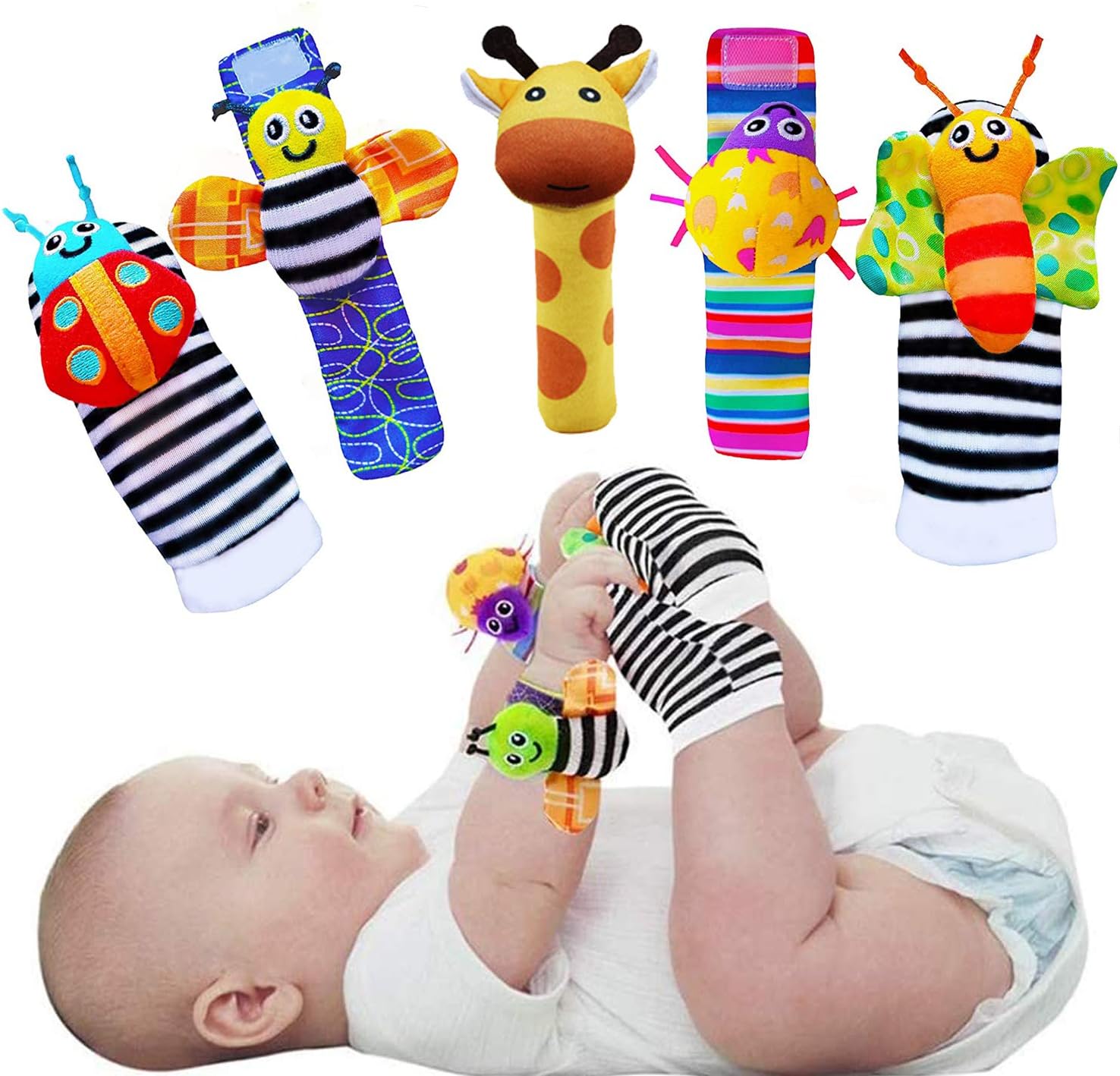 Foot Finders & Wrist Rattles for Infants - Developmental Texture Toys for Babies - Infant Socks & Baby Wrist Rattle - Newborn Toys for Girls Boys 0-3 3-6 6-9 Months