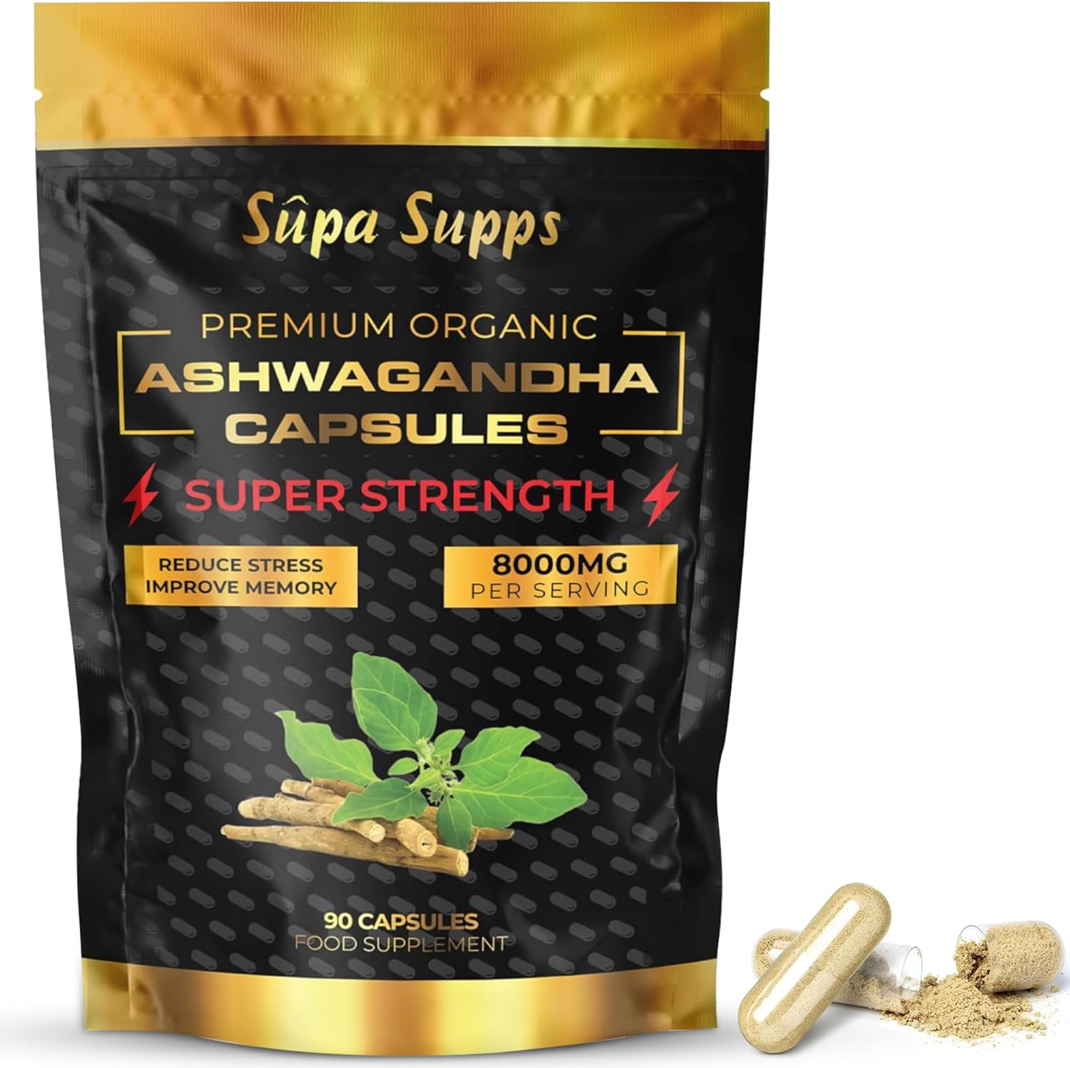 Organic Ashwagandha Capsules 8000MG - 90 Pack - High Strength Cortisol Reducing Supplements, Premium Ashwagandha High Strength Formula for Stress Relief and Vitality - 6 Month Supply