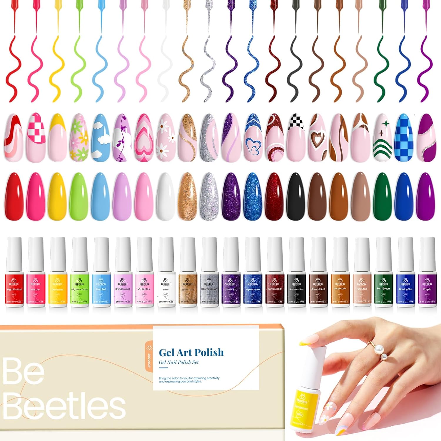 beetles Gel Polish Nail Art Gel Liner Nail Polish Set- 20 Colors Liner Gel Polish Pink Blue White Red Brown Glitter Gel Nail polish Soak Off UV Gel Built Thin Nail Brush in Bottle Gifts for Women