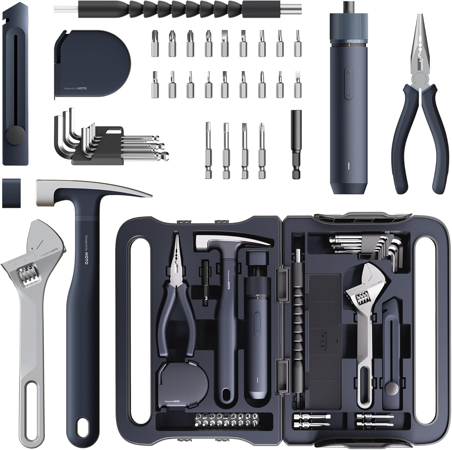 HOTO 40-Piece Tool Kit, Household Essentials tool set w/Smart Electric Screwdriver (LED, 3 Torque) + 14 Tools & 26 Accessories | Pro-Grade Compact Organizer for Home Repairs, DIY