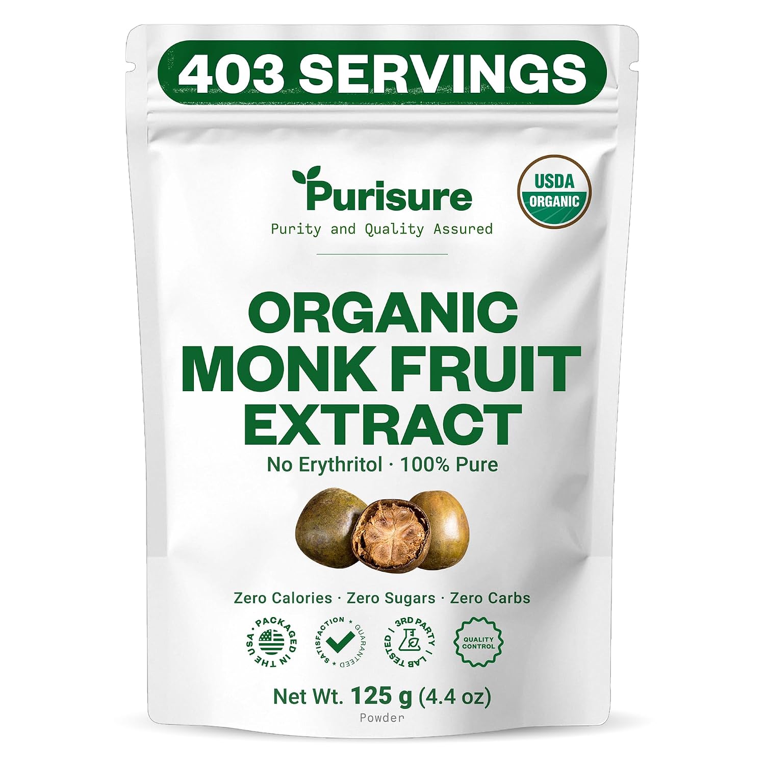 Organic Monk Fruit Extract Powder, 125g (4.4oz), No Fillers Pure USDA Organic Monk Fruit Extract Sweetener with No Aftertaste, Non-GMO, Zero Calorie & Zero Carbs, Keto & Paleo Friendly 403 Servings