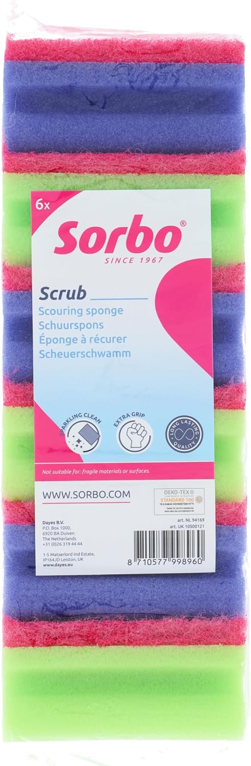 Sorbo Scouring Sponges, Non-Scratch Extra Grip and Super Absorbent Cleaning Scourers ideal for home and Kitchen Cleaning, Each pack includes 6 scourers in assorted colours