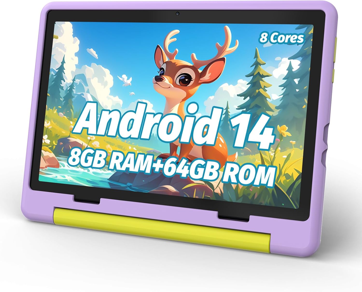 Hakaug 10.1 Inch Kids Tablet Android 14, 8GB RAM + 64GB Storage (1TB Expandable), 1280x800 HD Screen, 5000mAh Battery, 5MP+8MP Dual Camera, Parental Controls, Shockproof Case(Purple)