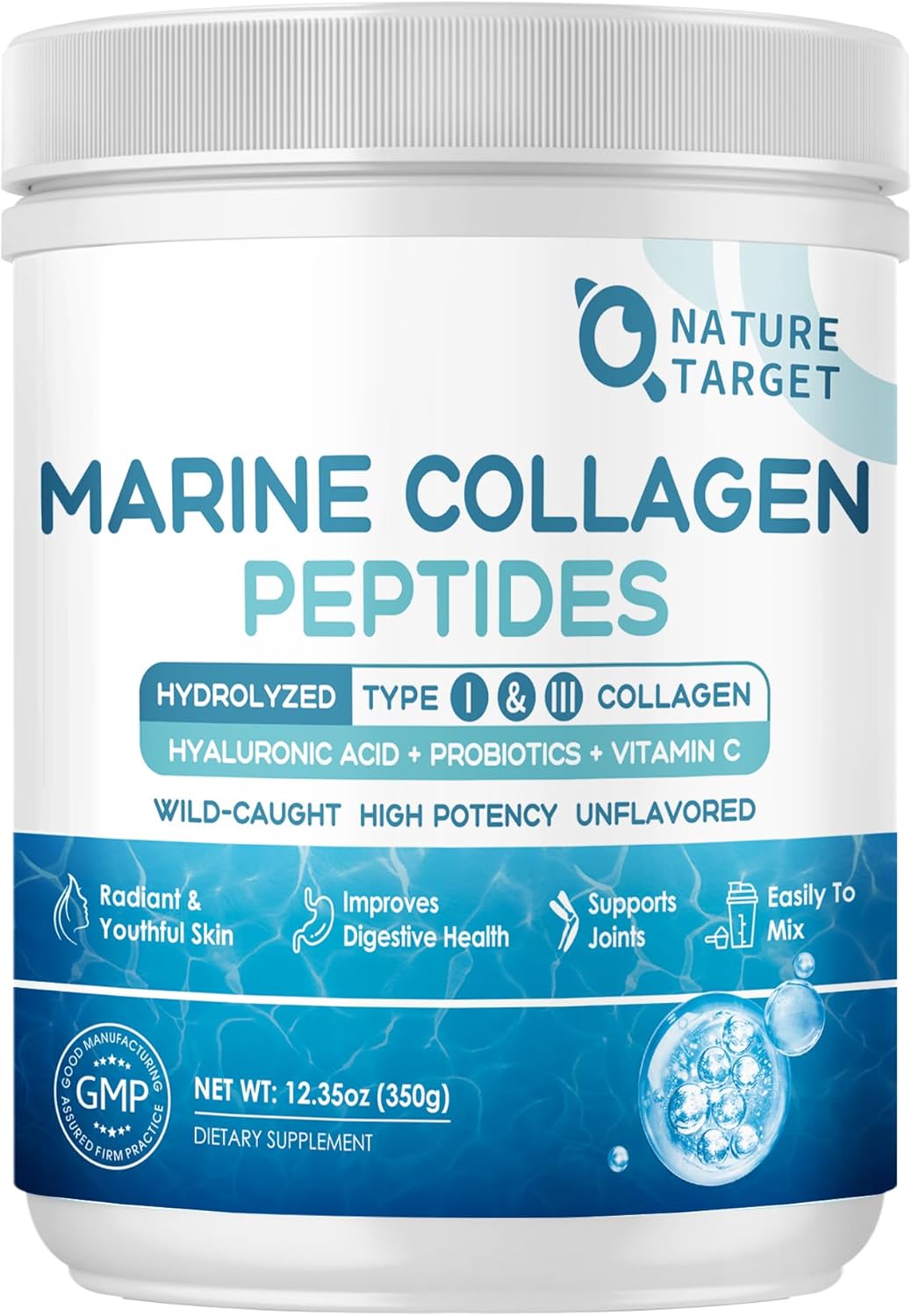 NATURE TARGET Marine Collagen Peptides Powder - Type I & III Collagen with Probiotics, Vitamin C & Hyaluronic Acid for Skin, Hair, Nails & Joint, Wild-Caught Fish & Grass-Fed Bovine, 35 Servings