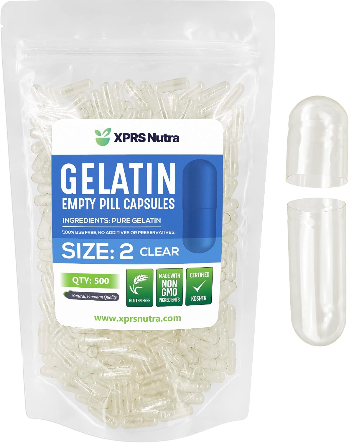 XPRS Nutra Size 2 Empty Capsules - 500 Count Clear Empty Gelatin Capsules - Pills DIY Capsule Filling - Pure Bovine Pill Gel Caps for Do-It-Yourself Supplements