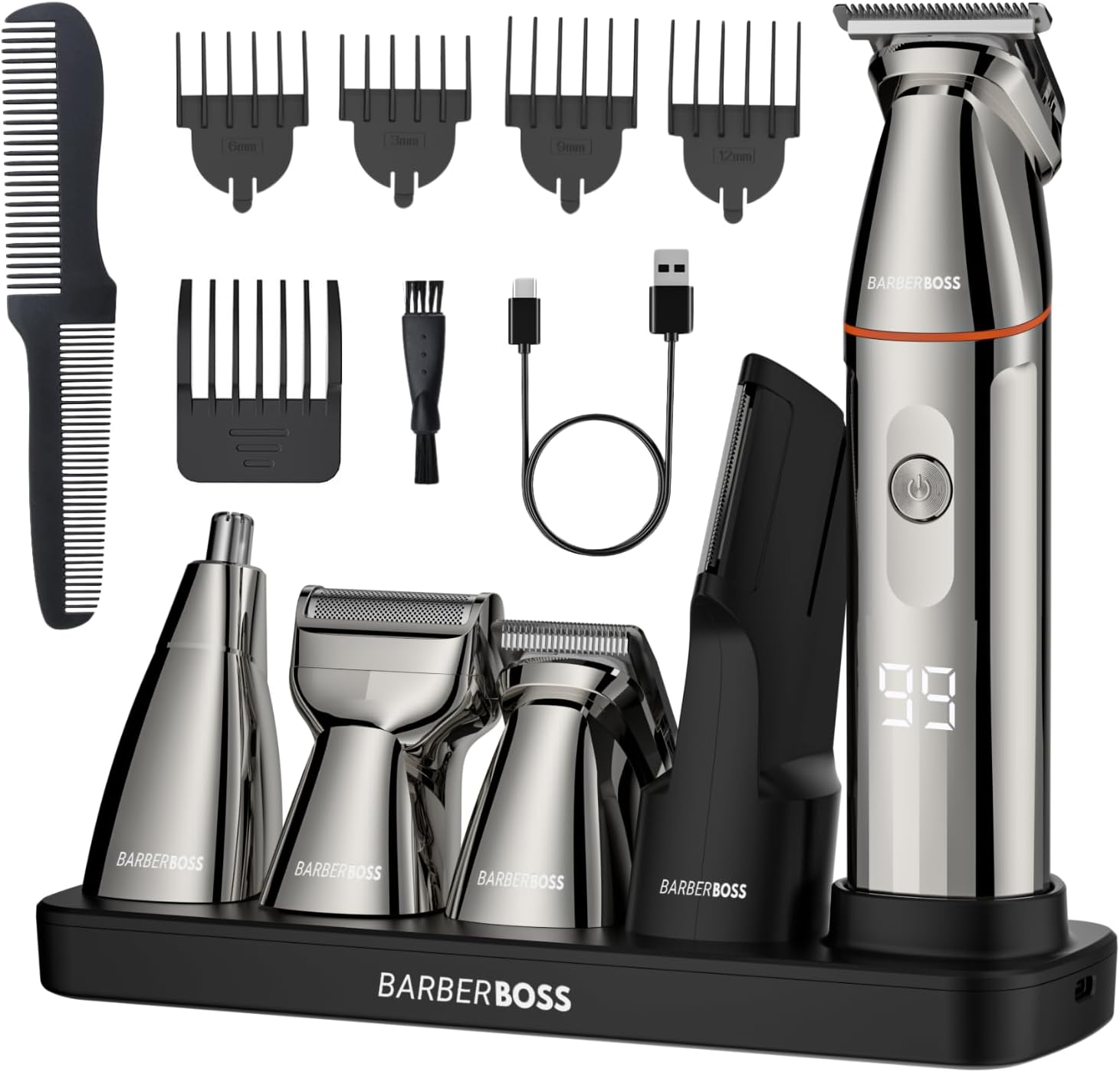 BarberBoss Beard Trimmer, Hair Clippers Men, 5-in-1 Men’s Grooming Kit, Beard Trimmer Kit for Men, Detail Shaver, Nose, Ear & Body Precision Clipper, All-in-One Men’s Body Shaver, QR-6010