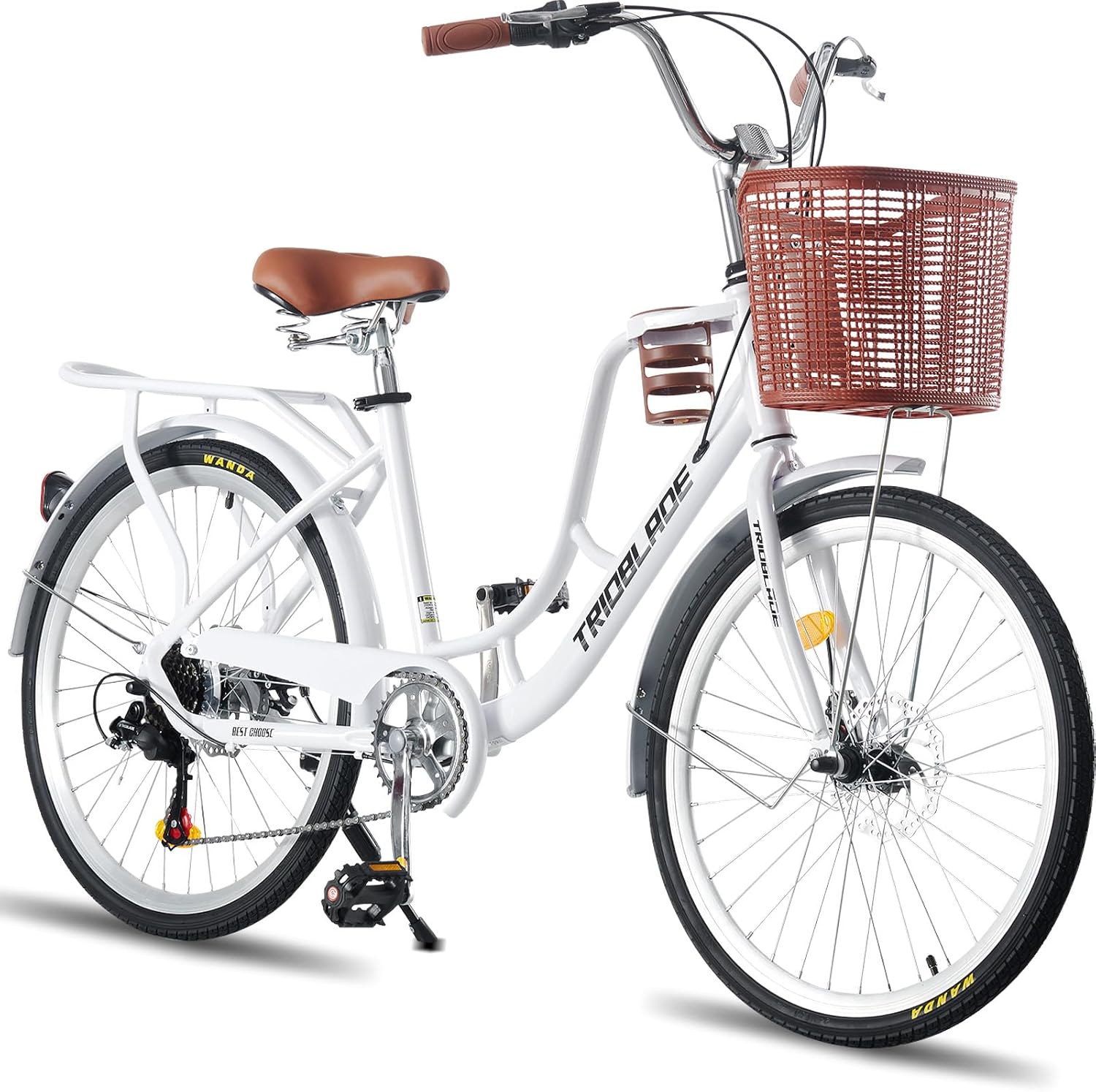 Ladies Bike with Basket 24/26in 7 Speed City Bicycle Women Girls Comfort Bike Lightweight Frame Hybrid Disc Brakes with Cupholder Steel Rear Rack Adjustable Handbar and Seat