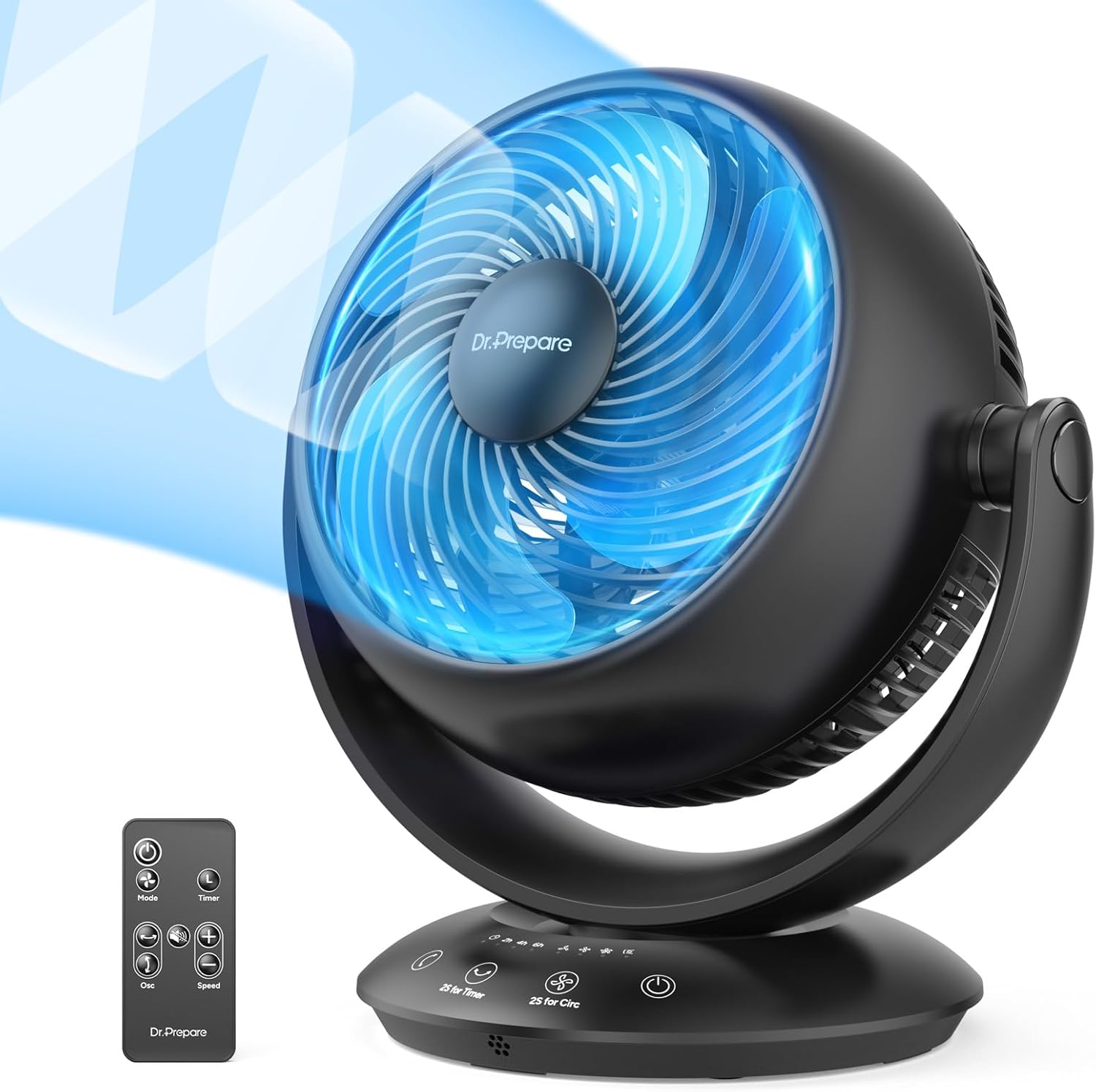DR.PREPARE Air Circulator Fan for Bedroom, 25 dB Quiet Fan with Remote, 90°+90° Auto-Oscillating Vortex Fan, Efficient Cooling, 3 Speeds, 2-12H Timer, 10 Inch Powerful Desk Table Fan for Home, Office