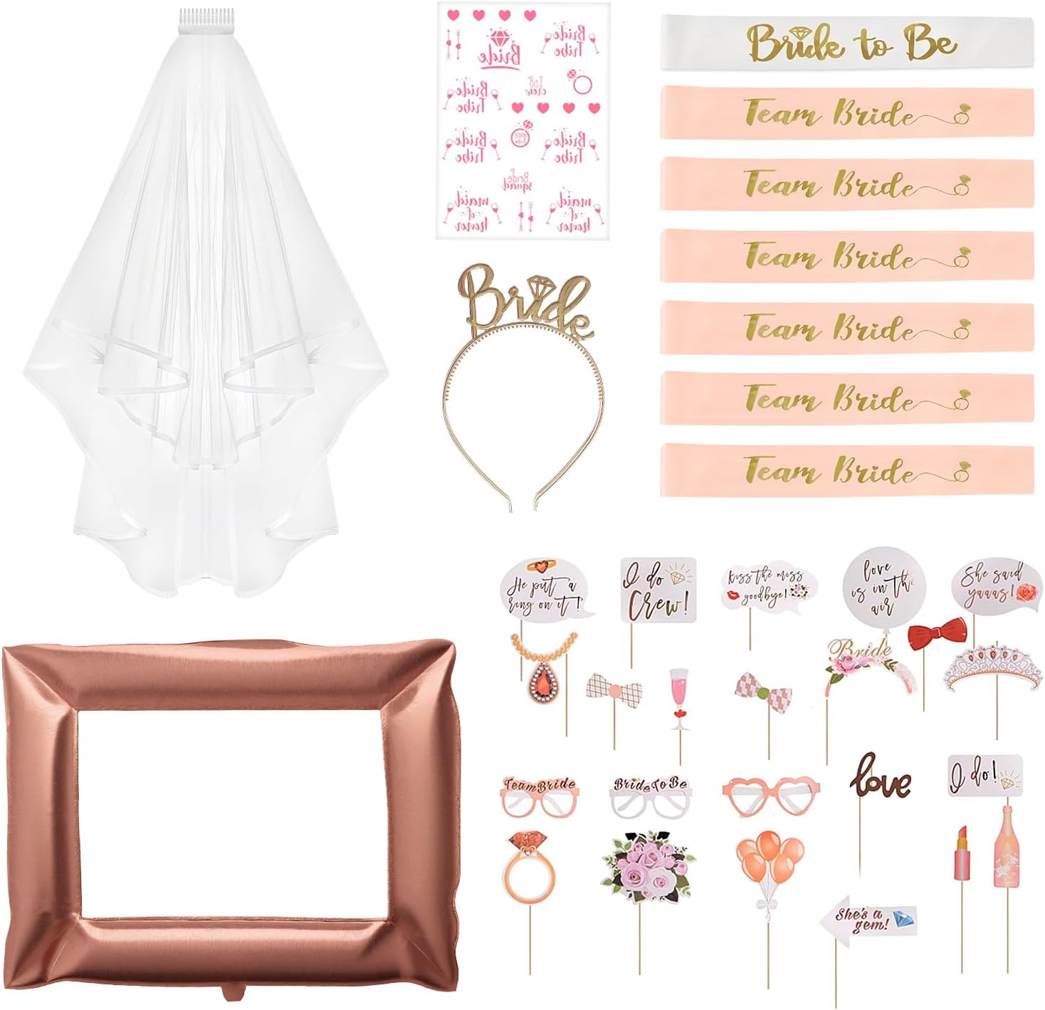 TOPBELIEF Bride to be Sash & Team Bride Sashes - Hen Party Accessories with Headband, Veil Frame & Photo Props for Bachelorette Party & Wedding