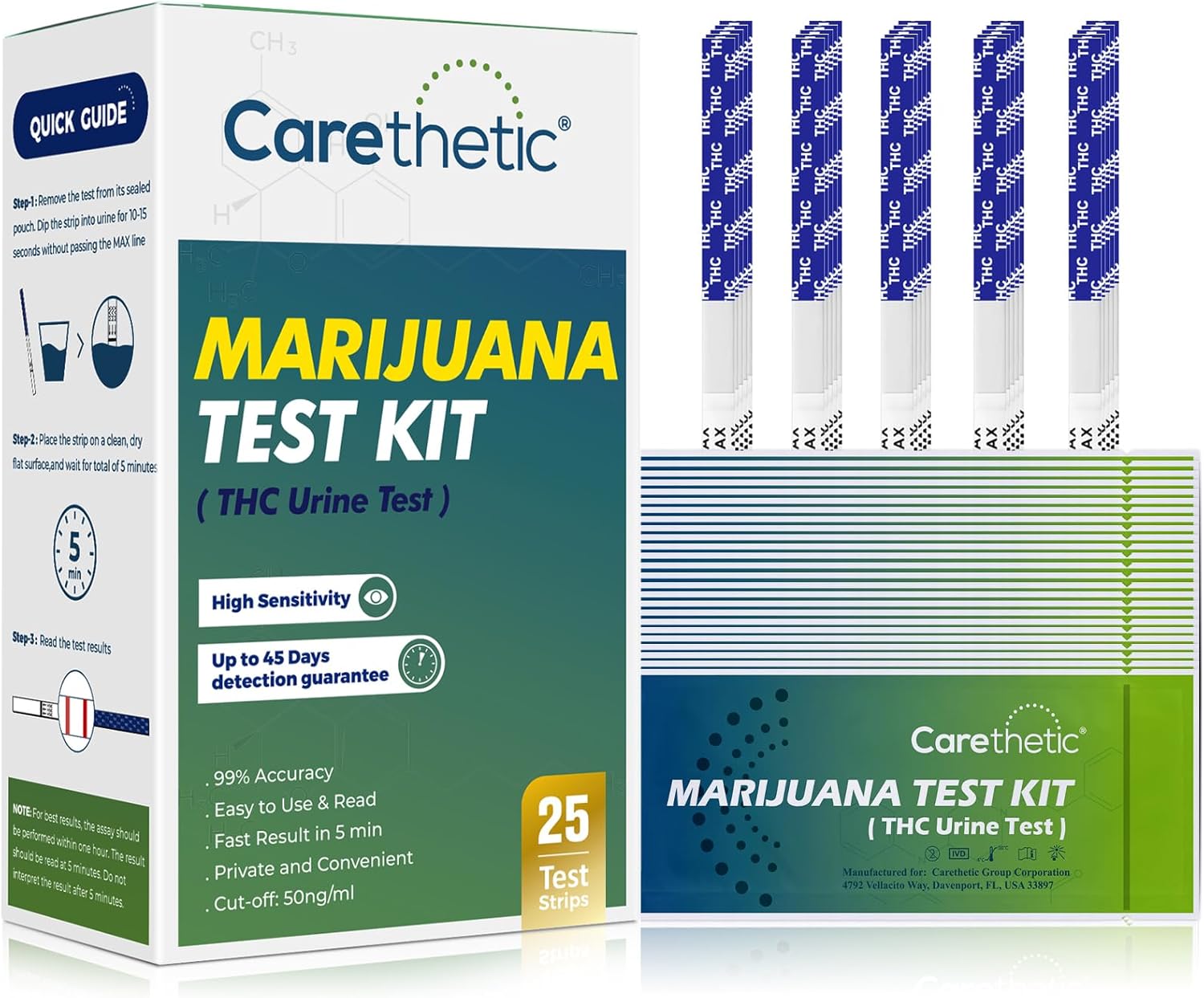 THC Drug Test Kit - Marijuana Urine Test Strips, Highly Sensitive, FDA Cleared, 25 Pack - Instant Results
