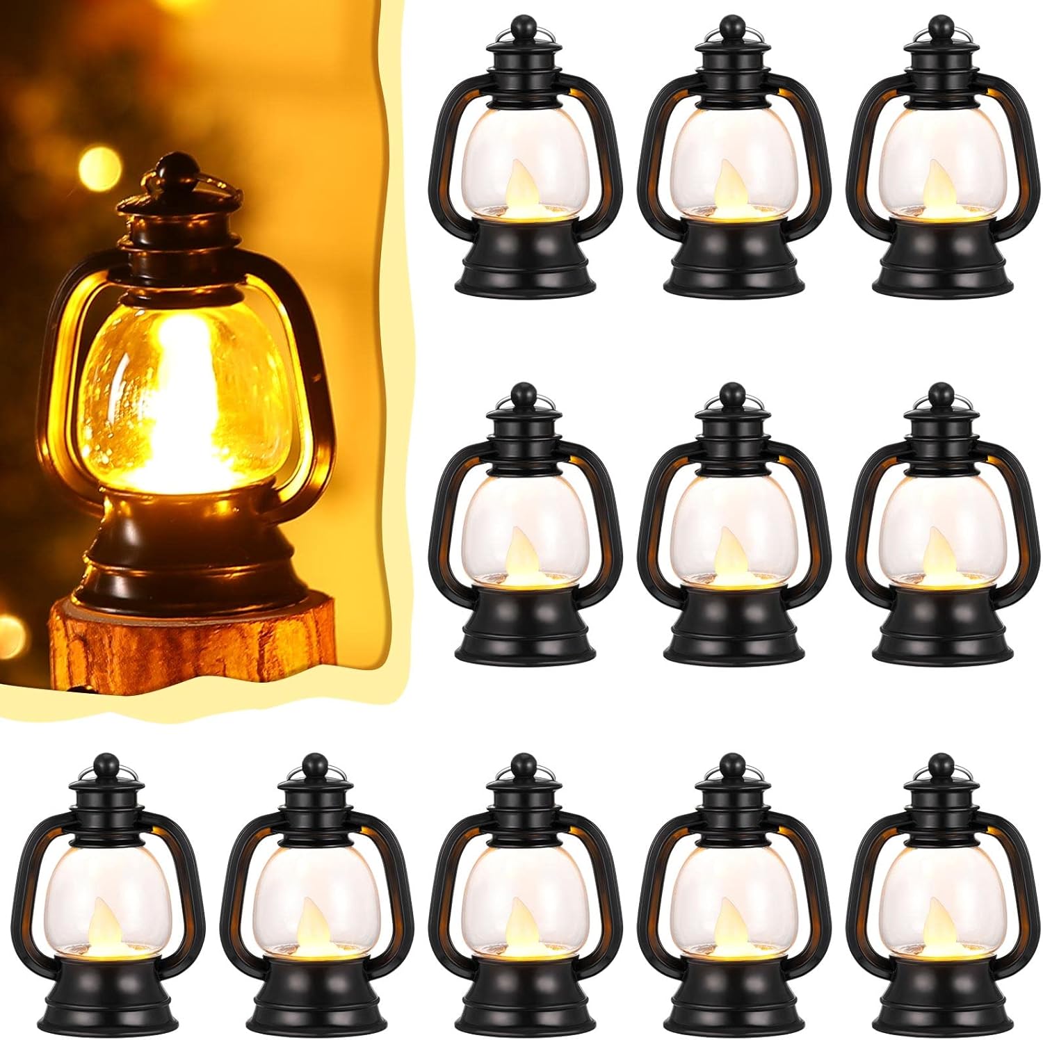 Weewooday 12 Pcs Mini Lantern Decorative 4 Inch Western Cowboy Camping Table Centerpiece Black Small Hanging Lantern Ornaments Bulk with LED Candle for Halloween Christmas Wedding Party Decoration