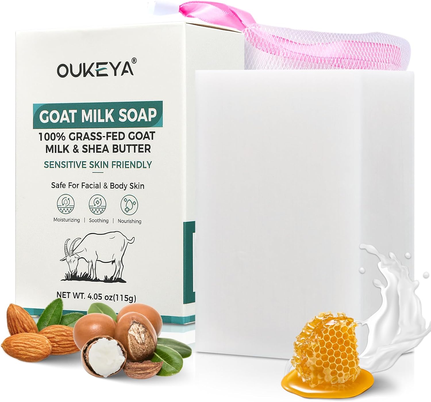 OUKEYA Goats Milk Soap Bar 115g, Natural Goat Soap, Moisturising & Gentle Cleanser for Face & Body, Solid Soap Bars for Dry Sensitive Skin, No Harsh Chemicals, with Hanging Foaming Net
