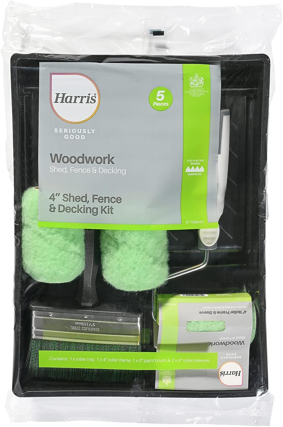 Harris Seriously Good Exterior Shed Fence & Decking Roller Kit | Includes: Soft Grip Roller Frame, Medium Pile Roller Sleeves, 9in Roller Tray, 5in Exterior Brush, 4in