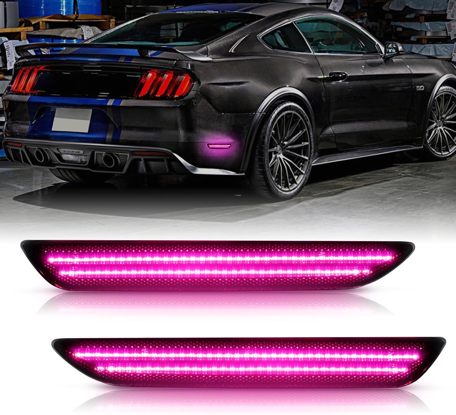 Bestview LED Side Marker Lights for Ford Mustang 2015-2023, Rear Fender Bumper side Marker Reflectors Lamps Kit Assembly,Somked Len 2PCS (Pink Purple)