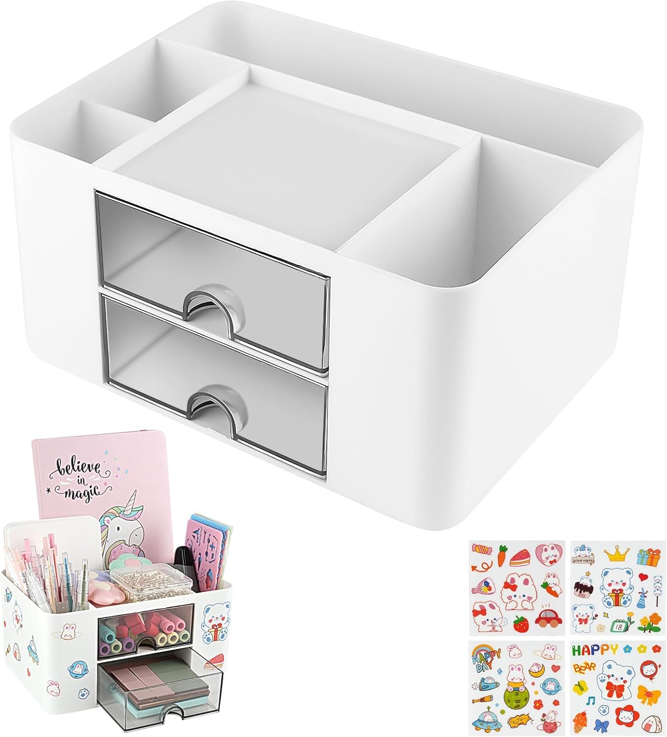 OFFCUP Desk Organiser with Drawer, Plastic Table Organiser, Office Desk Supplies Organizer Desktop Stationary Storage Pen Holder with 7 Grids for School Office Home (White)