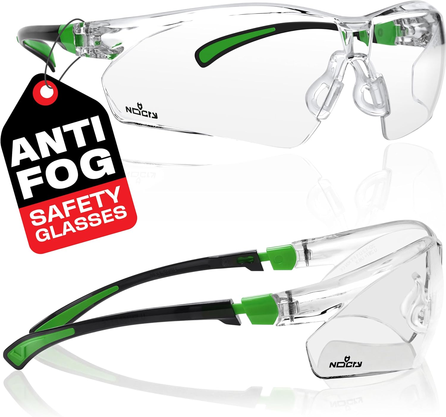 NoCry Clear Safety Glasses for Work with Anti Fog Scratch Resistant Wrap-Around Lenses and Non-Slip Grips, UV Protection. Adjustable Eye Protection Cycling and Squash Glasses with Black & Green Frames