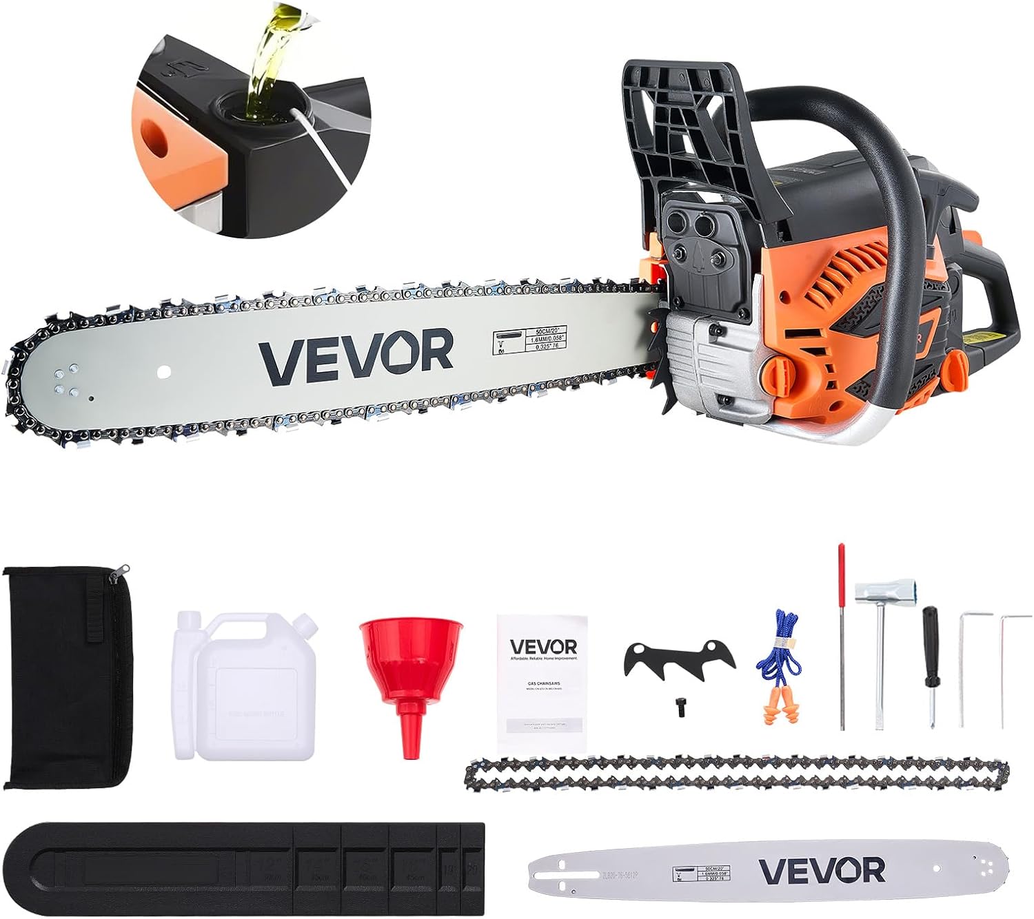 VEVOR 20inch 62CC Gas Powered Chainsaw, 3.8 HP 2 Stroke Engine Gas Power Chainsaws with Non-Slip Handle, Gas Chainsaws with Dual Fuel Tanks, For Wood Cutting, Tree Trimming, and Land Clearing