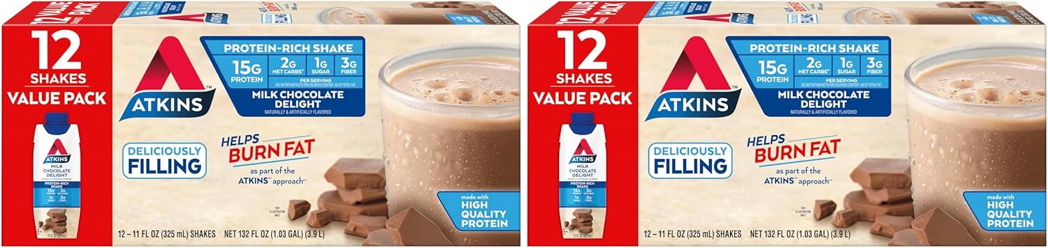 Atkins Milk Chocolate Delight Protein Shake, 15g Protein, Low Glycemic, 2g Net Carb, 1g Sugar, Keto Friendly, 12 Count (Pack of 2)