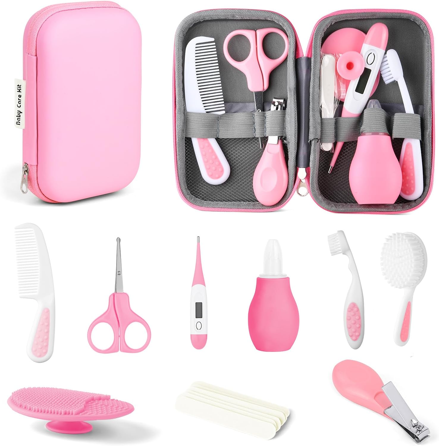 HAGOT Baby Healthcare and Grooming Kit, Newborn Baby Care Accessories with Hair Brush, Comb, Nail Clippers, Thermometer, for Newborn Girls Boys(14 in 1, Pink)