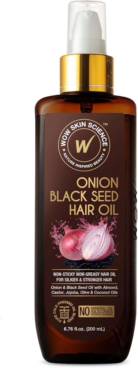 WOW Skin Science Onion Black Seed Hair Oil For Dry Damaged Hair & Growth- Hair Treatment For Dry Damaged Hair With Almond, Castor, Olive, Coconut & Jojoba Oil (Brown, 6.8 Fl Oz (Pack Of 1))