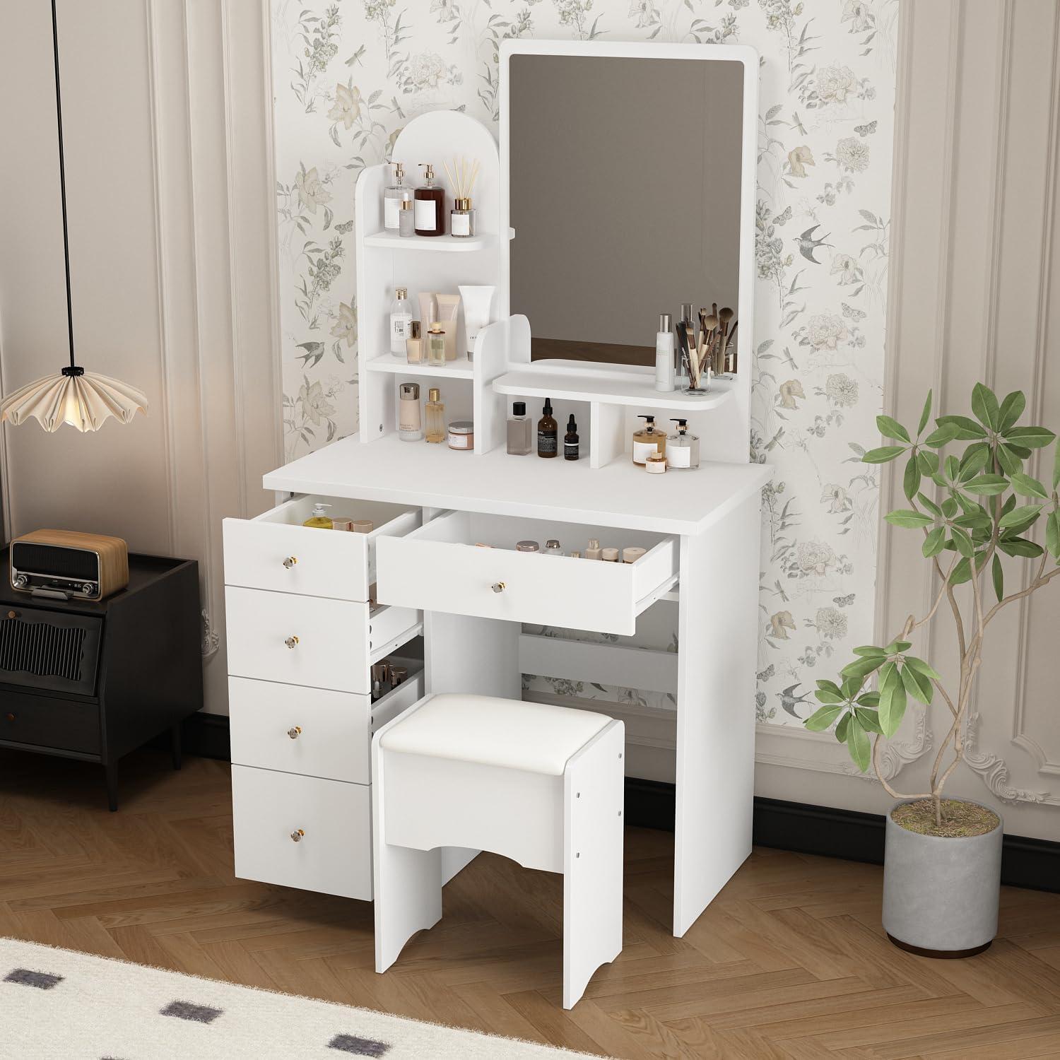 Small Vanity Desk with Mirror, Makeup Vanity with Shelves & 5 Drawers, Vanity Table Set for Bedroom, Rectangular Mirror, Cushioned Stool, Space-Saving, White, 31.5”W x 15.7”D x 55.1”H