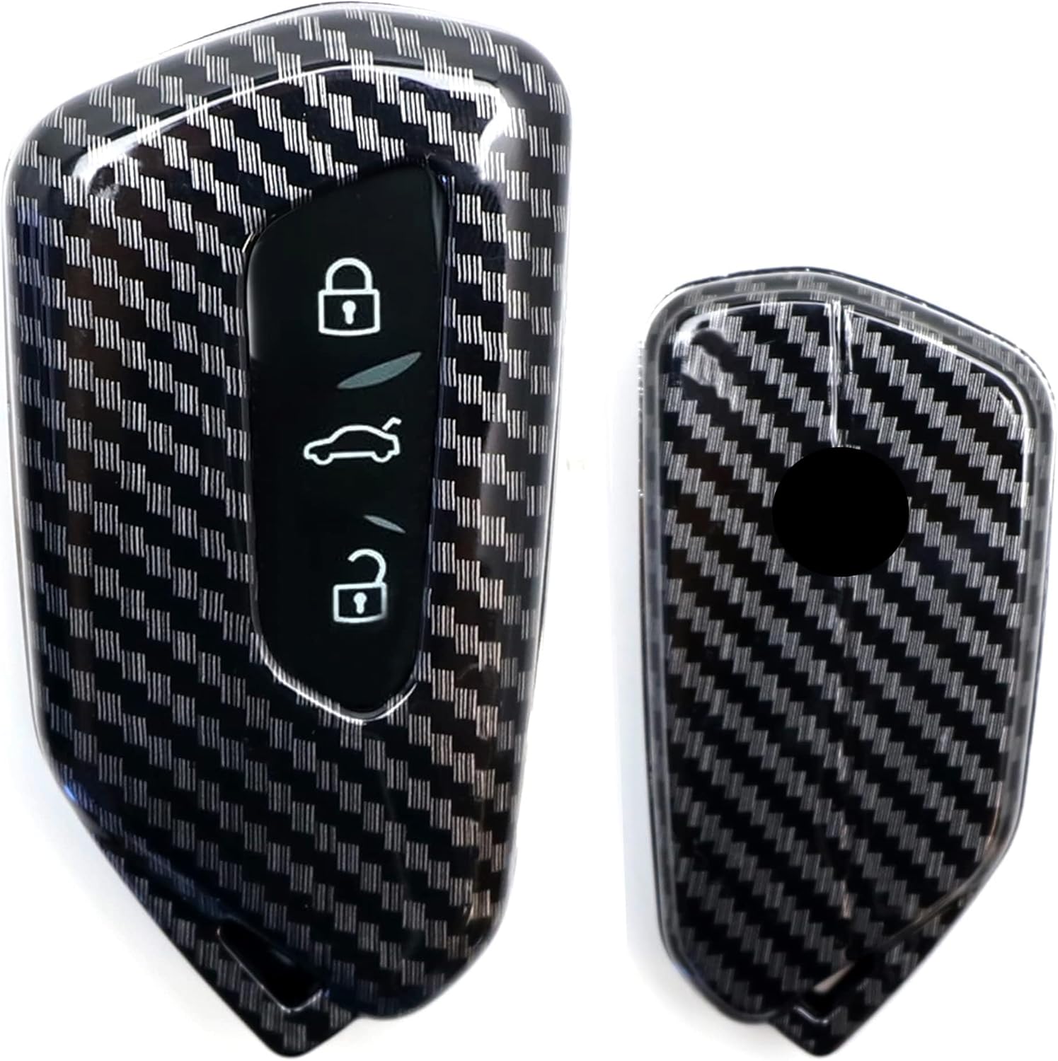 iJDMTOY Gloss Black Carbon Fiber Pattern Exact Fit Key Fob Cover w/Chrome Edging Trim Compatible with Volkswagen MK8 Golf/GTI, Skoda Octavia 3/4/5-Button Smart Key